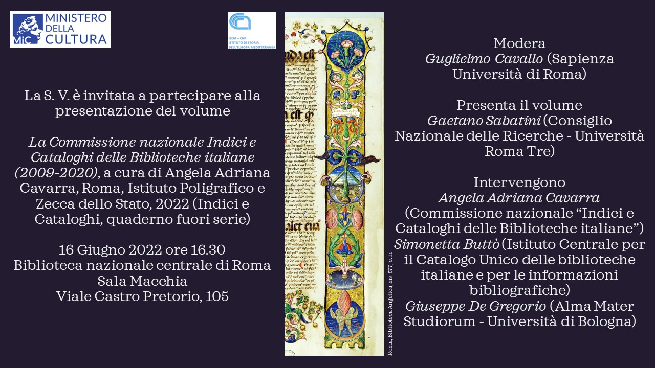 Presentazione del volume La Commissione Nazionale Indici e Cataloghi delle Biblioteche Italiane (2009-2020)